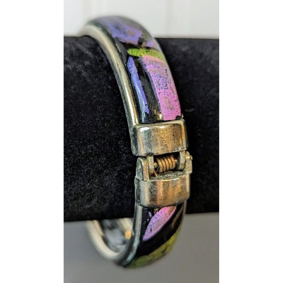 Silver tone vintage 80’s bangle bracelet black purples green J17 - Picture 5 of 5